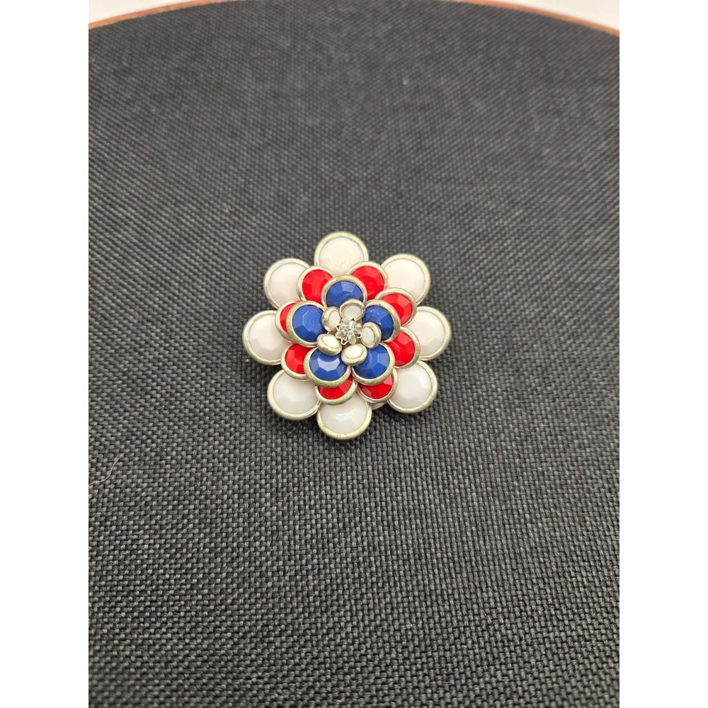 Vintage Red White Blue Floral Brooch Silver Tone Patriotic Flower Pin